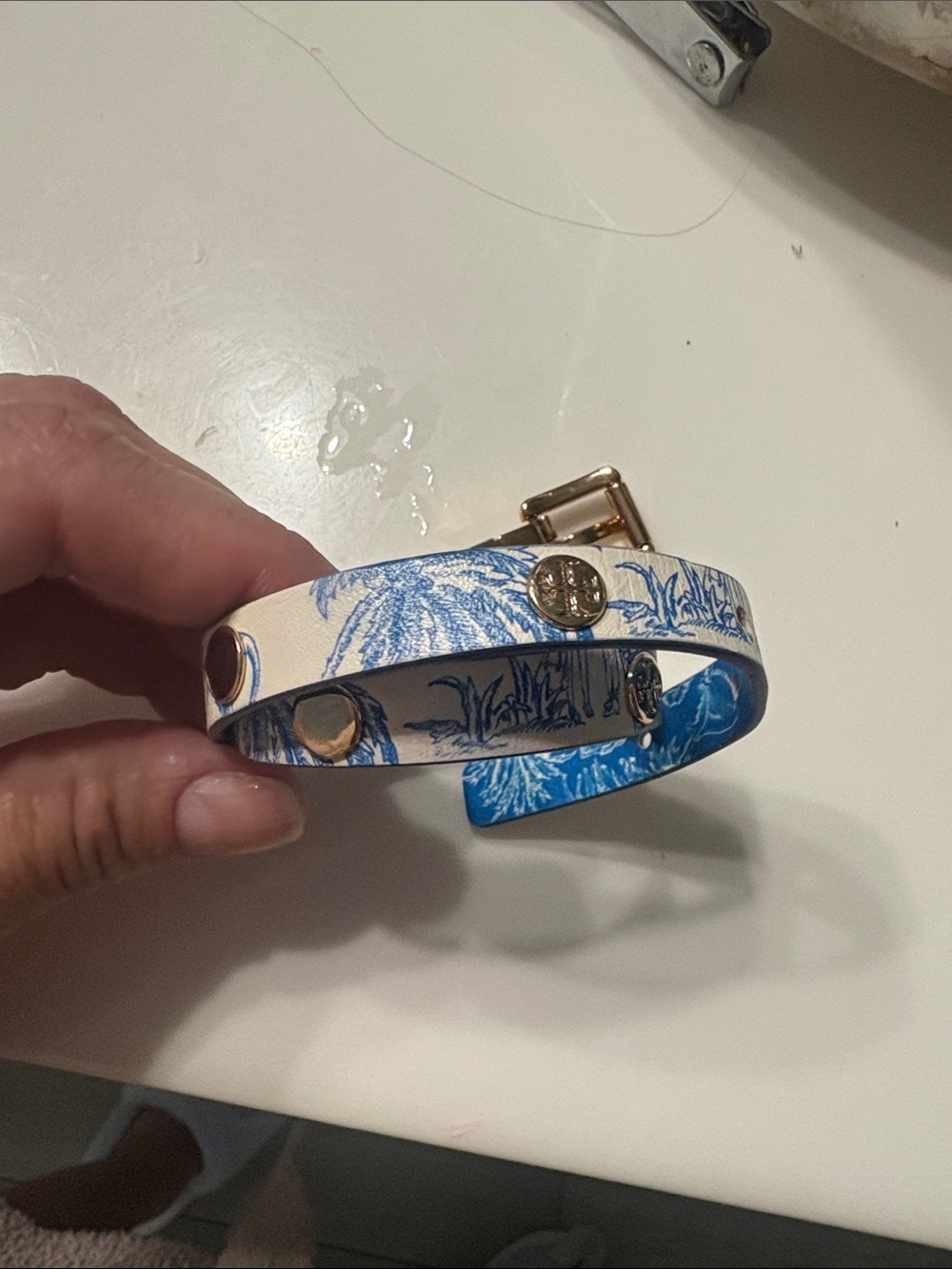 Tory Burch Blue and White Palm Print Leather Bracelet with Gold Studs